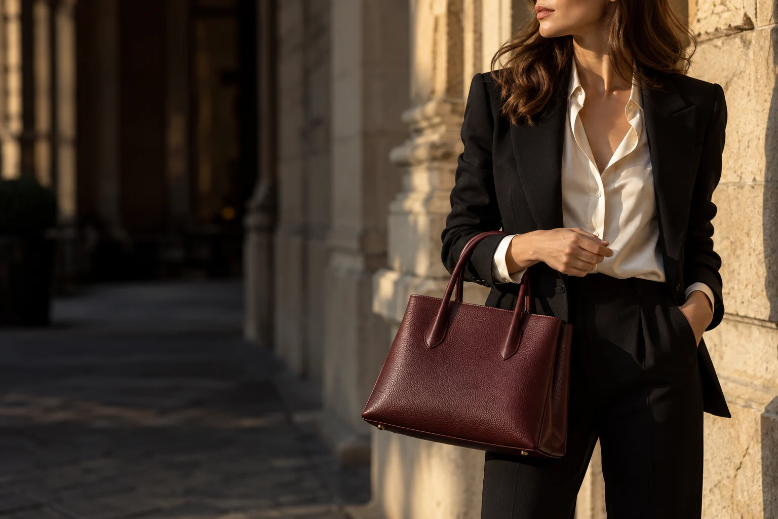 Professional woman in black blazer and white shirt holding burgundy leather briefcase in urban setting