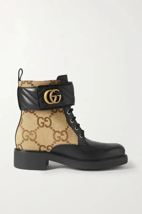 Black and beige GG monogram lace-up combat boot with gold hardware