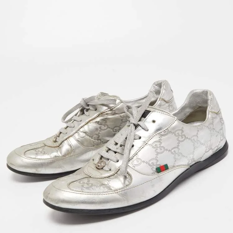Silver metallic sneakers with GG monogram pattern and green-red-green stripe detail